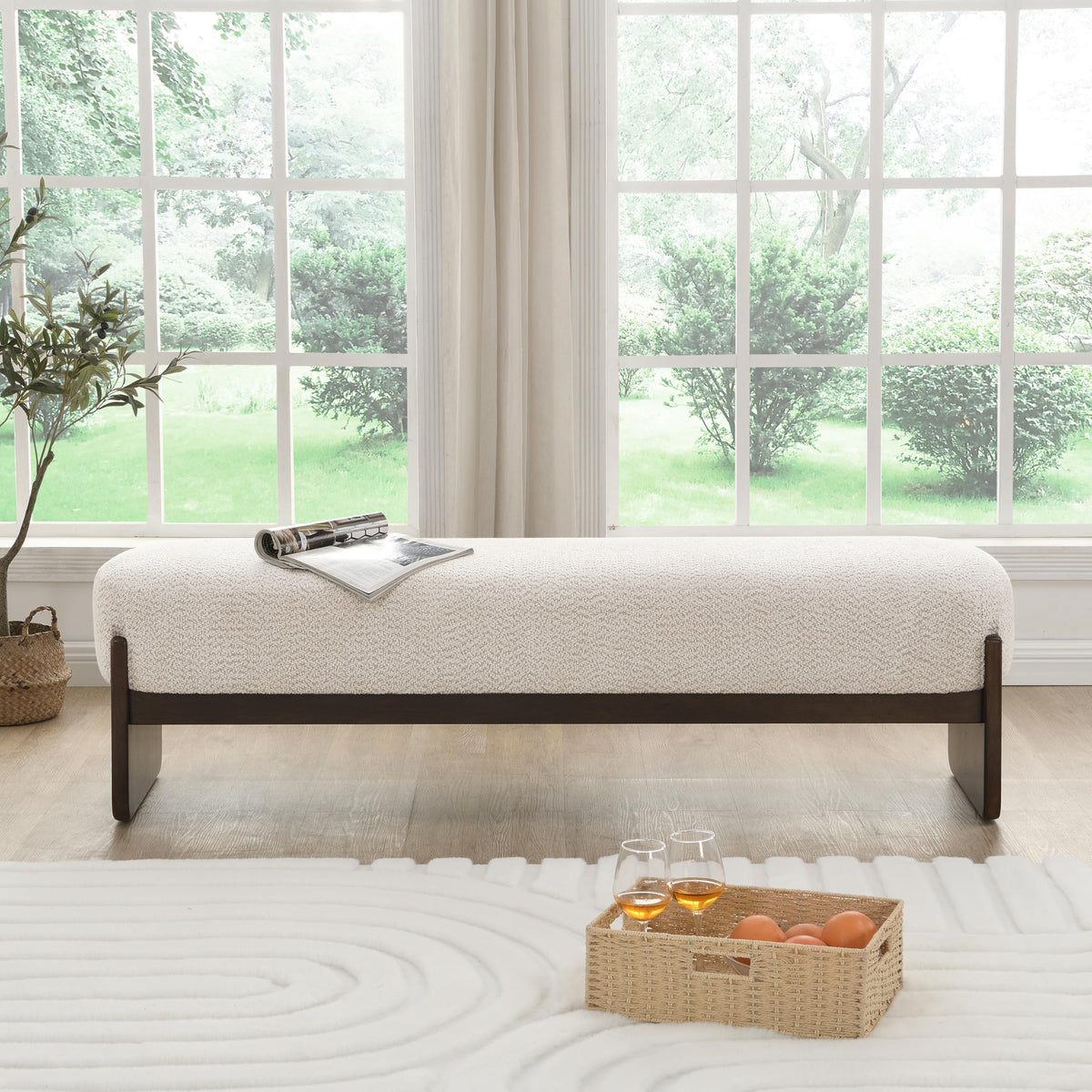 Beige Brown Loop Yarn Fabric Ottoman Bench X15725