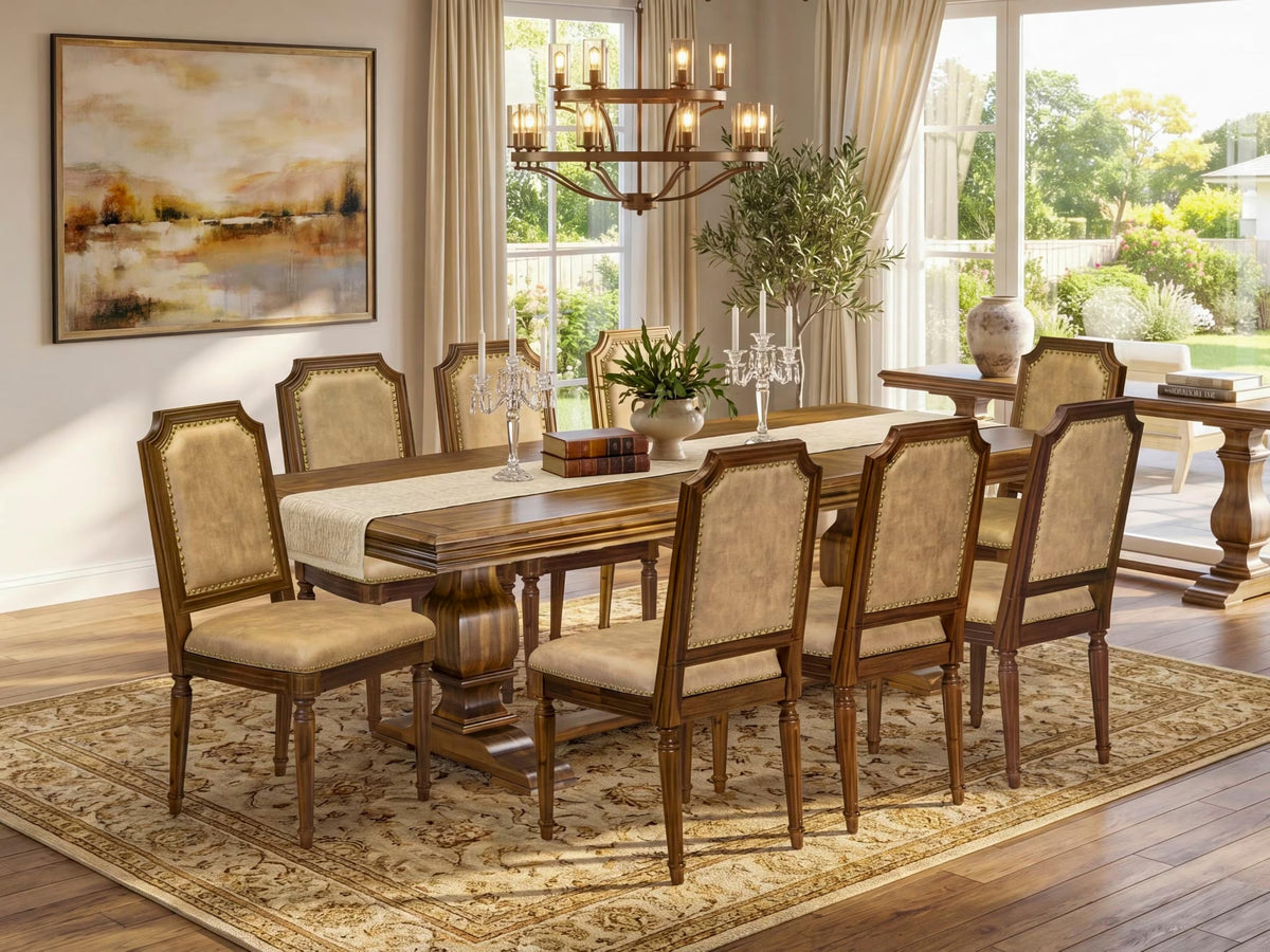 9 Piece Kitchen Table Set with 8 Beige Polyester Chairs T115