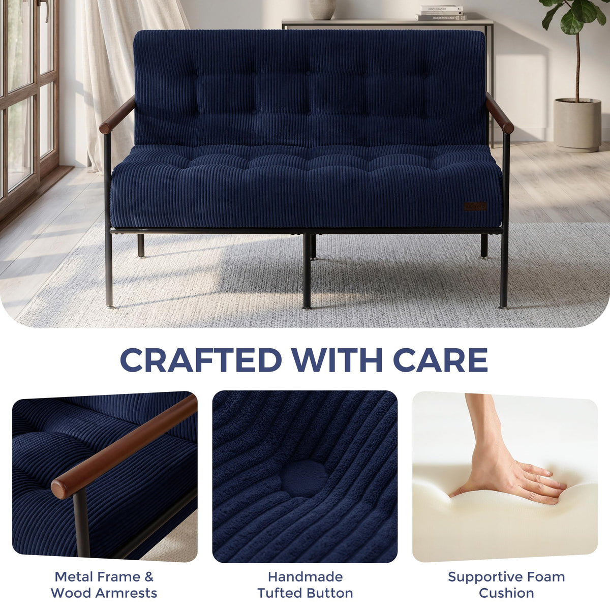 Loveseat Sofa Chair with Metal Frame and Wood Armrests I85630